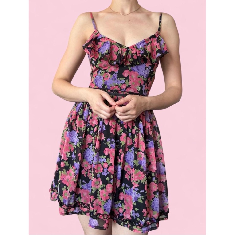 Vintage Floral Mini Dress - Pink, Purple, Green